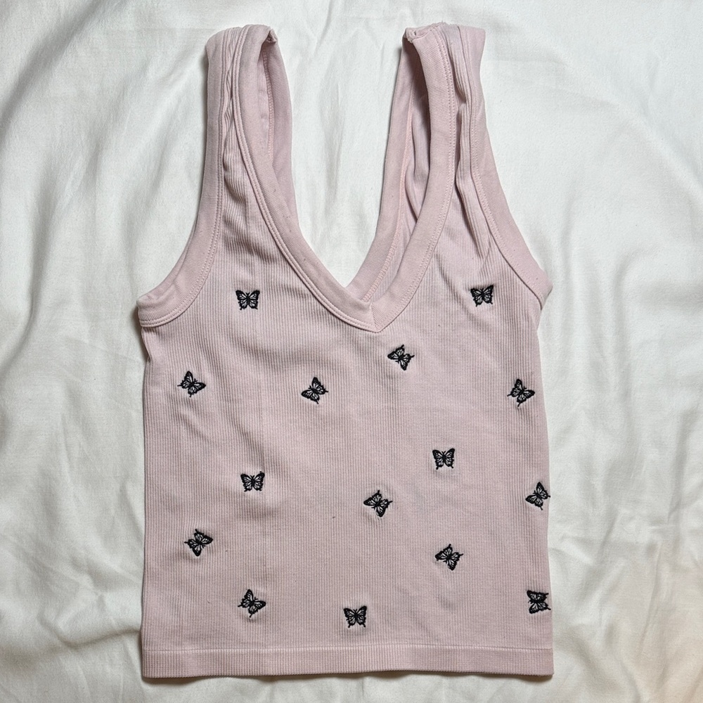 Pink Ribbed Tank Top with Black Butterfly Embroidery